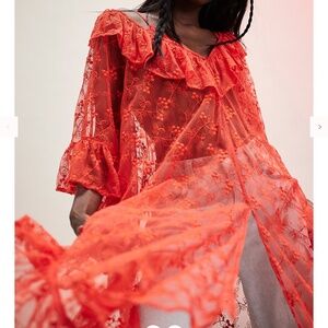 Free People Romantic Sheer Bloom Kaftan in Bright Red sz M/L $128R EUC